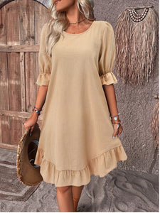 Fashion Ruffle Short-sleeved Dress Summer Solid Color Round Neck Loose Straight Dresses Womens Clothing